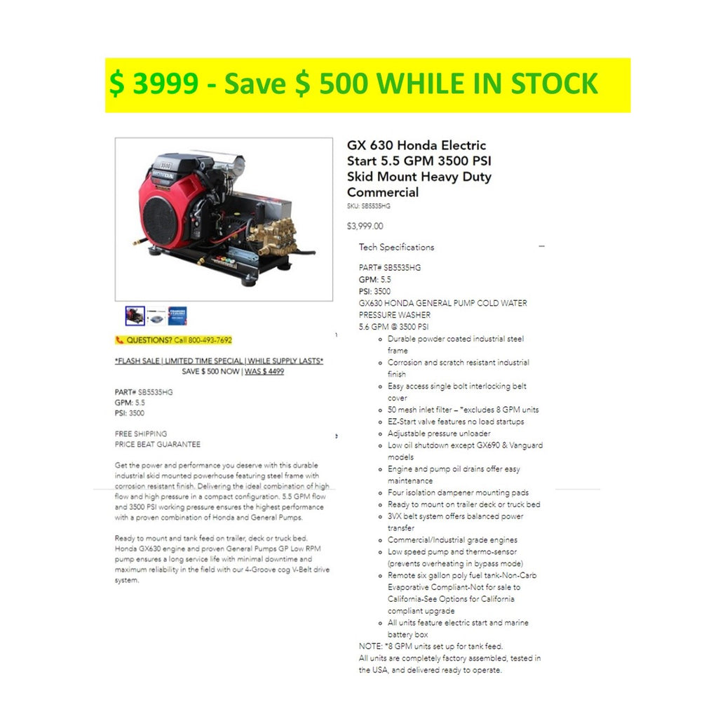 GX 690 Honda Electric Start 5.5 GPM 4000 PSI Skid HD Commercial Belt Drive